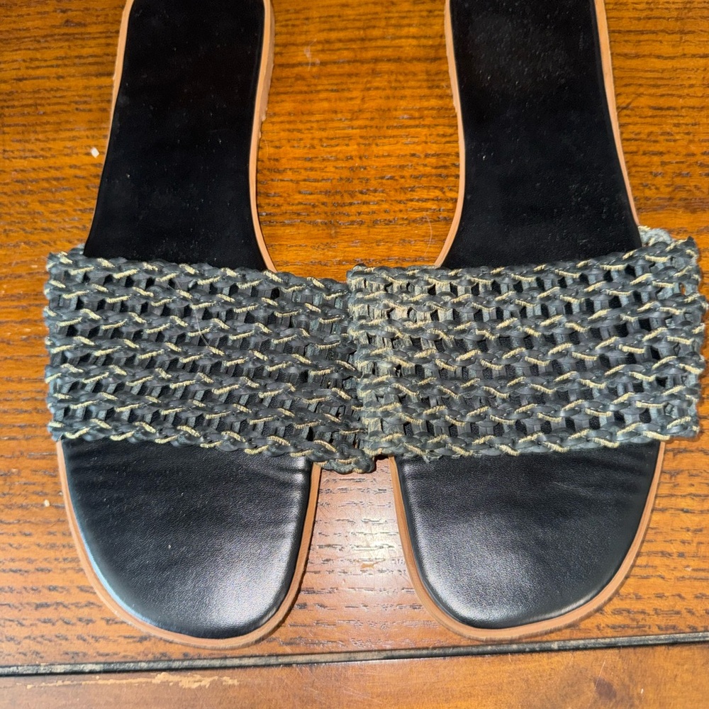 Black and Tan Woven Slide Sandals